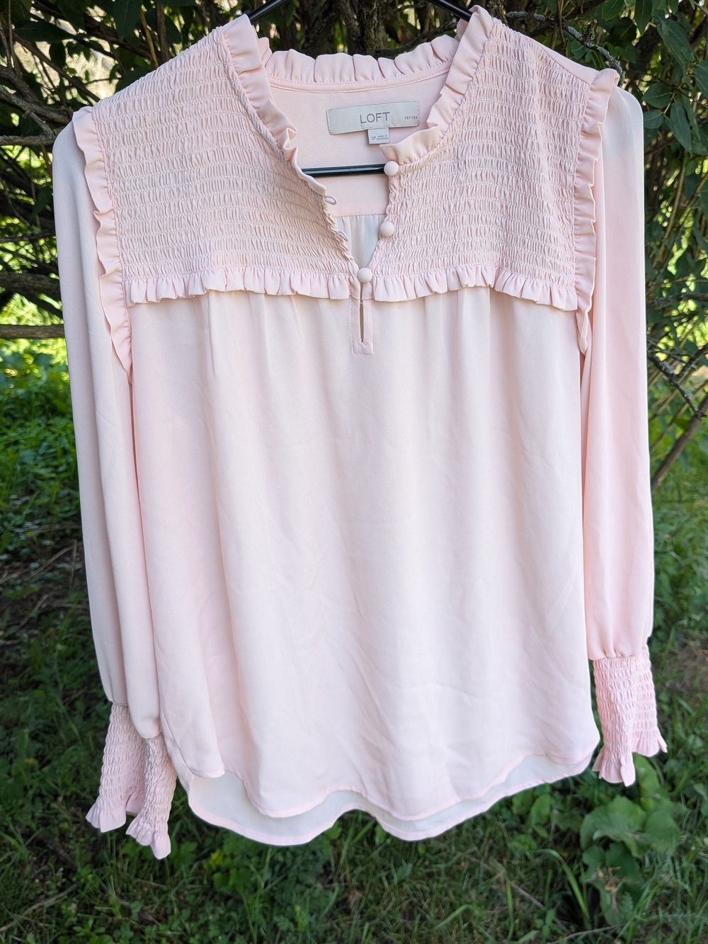 LOFT Light Pink Smocked Yoke Long Sleeve Blouse
